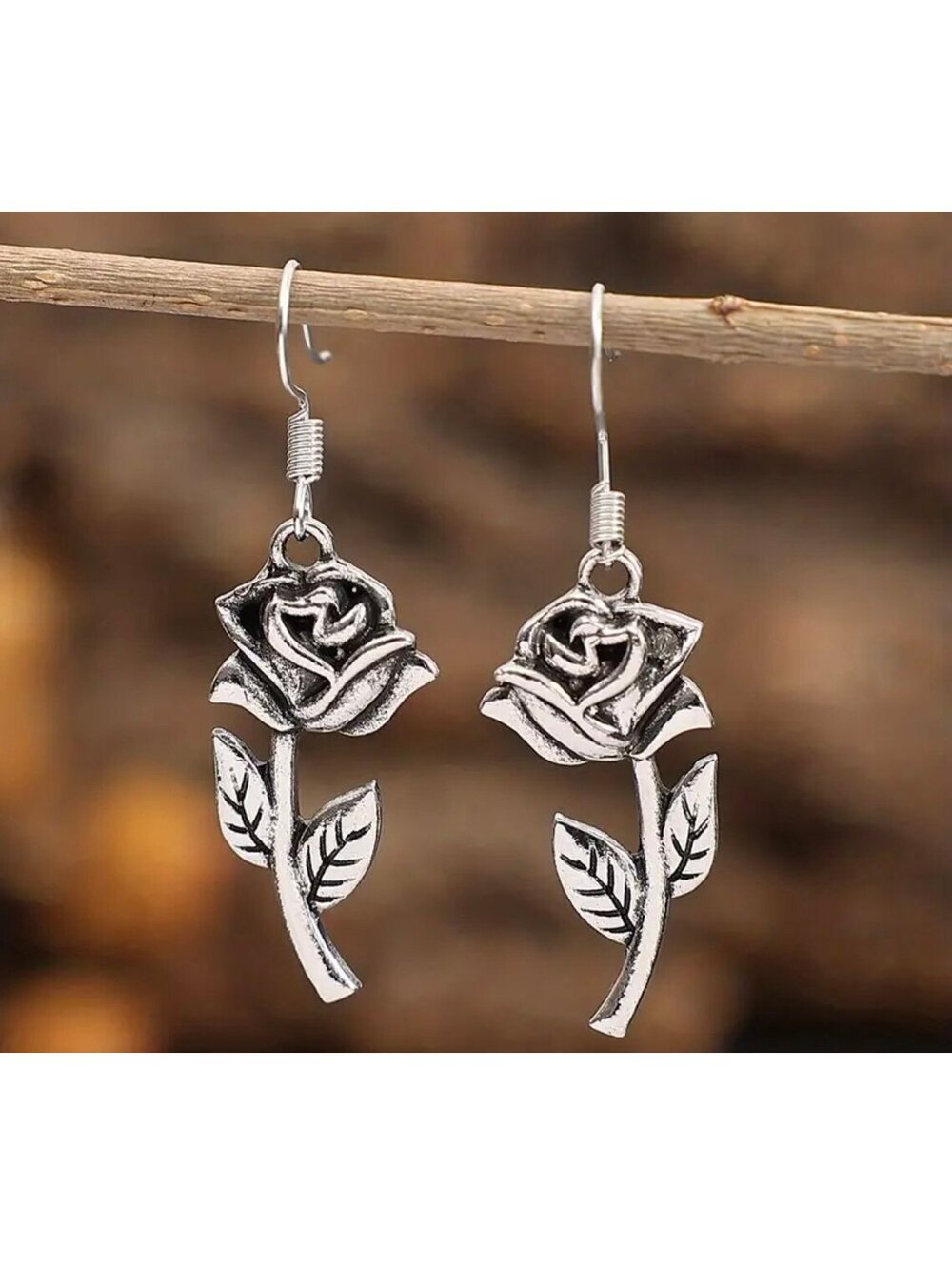 New - Retro design - Silver Rose Dangle Earrings